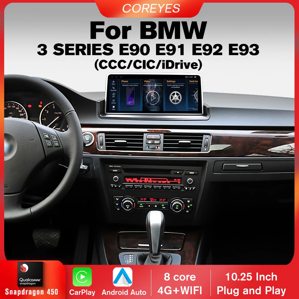 COREYES 10.25 Inch Carplay For BMW 3 Series E90 E91 E92 E93 CCC CIC Idrive System GPS Carplay Car Radio Snapdragon 450 Player BT