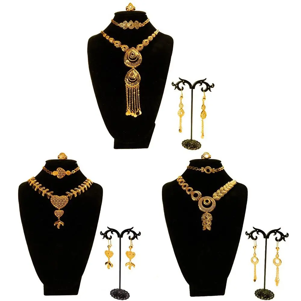 4Pcs Indian Bridal Jewelry Set Necklace Earring Boho Style African Alloy Jewelry Set Golden Luxury Dubai Jewelry Sets