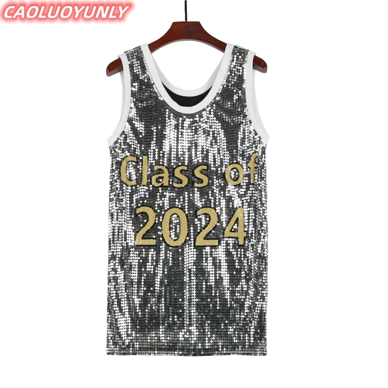 Summer High Quality Streetwear Striped Sleeveless Vest Sequins Letter T-Shirt Hip Hop Round Neck Straight Loose Women's Wears