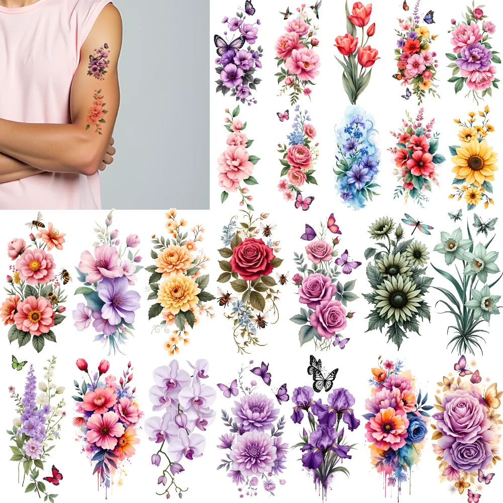 

9pcs Temporary Tattoo Sunflower Waterproof Long-lasting Body Stickers Dragonfly Tulips Colorful Hummingbird For Thighs