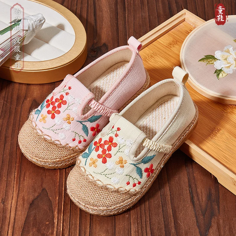 Children Hanfu Shoes Spring And Autumn Style Cloth Shoes National Wind Flax Fisherman Shoes Chinese Style Tang Dress embroidered