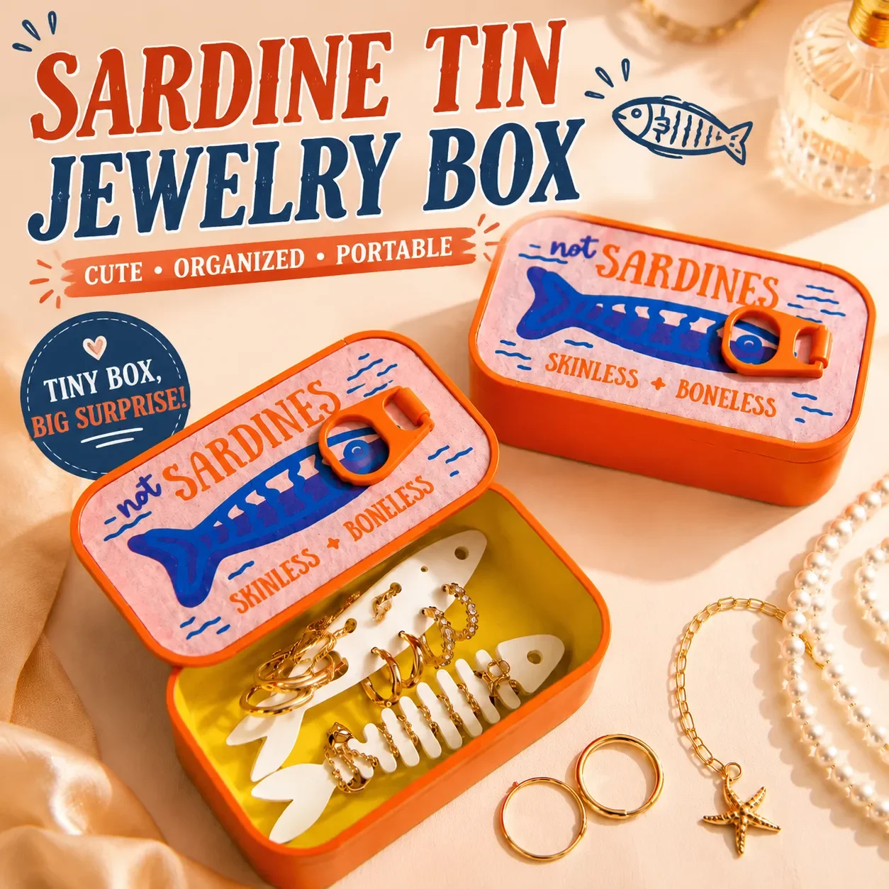 Sardine Tin Jewelry Box 3D Printed Necklace Earring Storage Box Easy Open Lids For Crafts & Packaging Storage