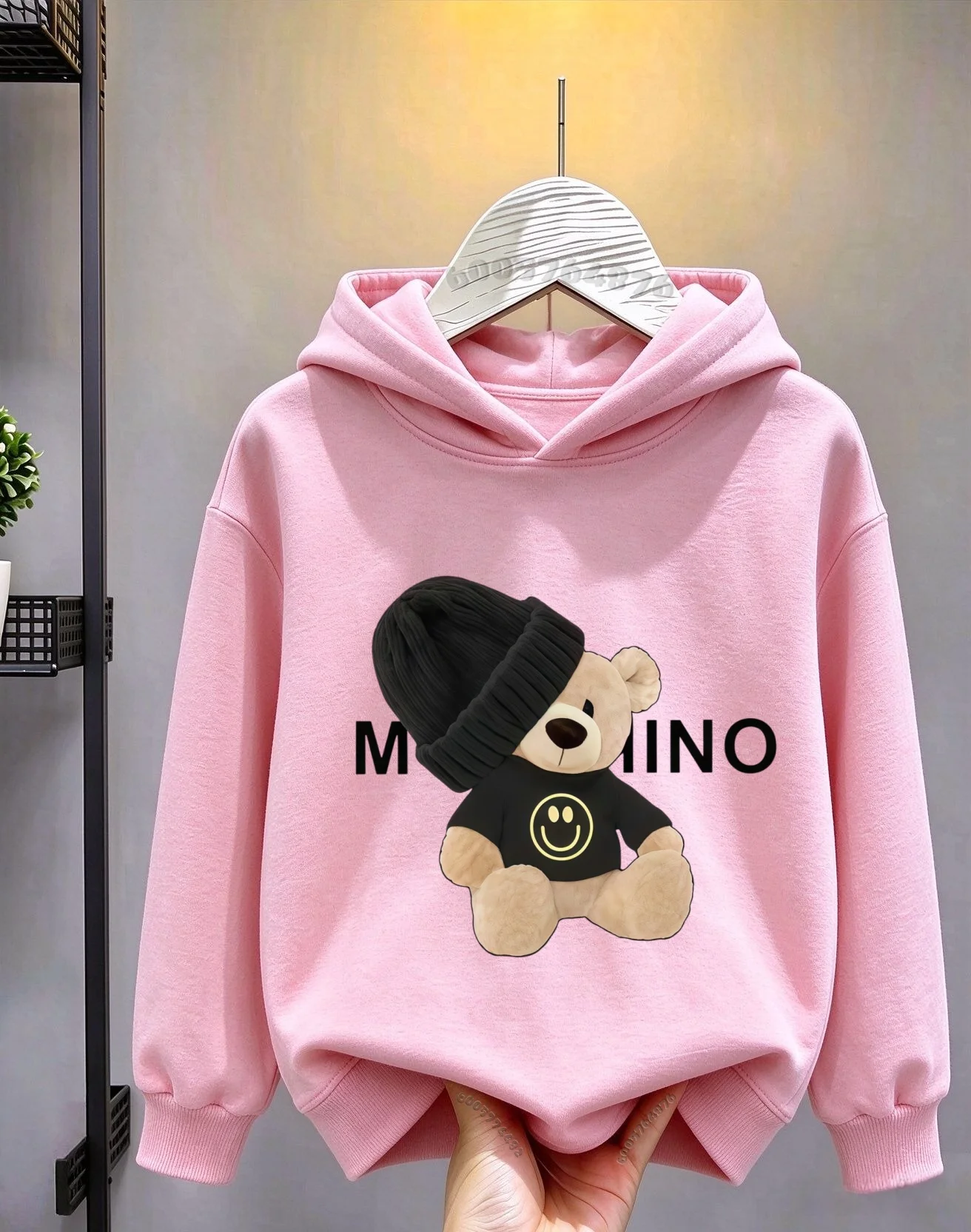 Kids Hoodie Sweatshirt,Cartoon Bear With Beanie Hat Smiley Face Letter Print, Long Sleeve Fleece Warm Pullover for Autumn Winter