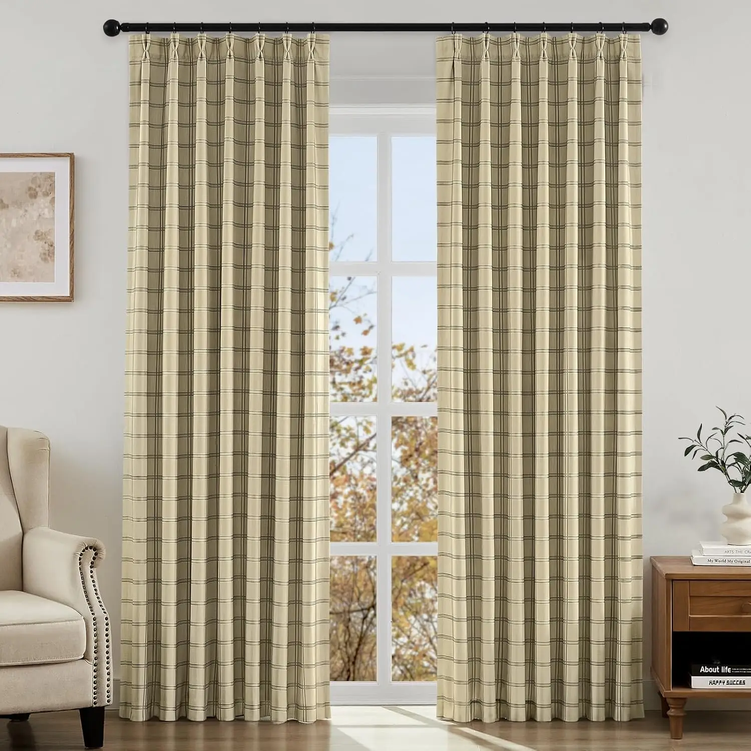 

100% Blackout Plaid Pinch Pleated Curtains, Gingham Thermal Insulated Window Panels for Modern Farmhouse Living Room, Be