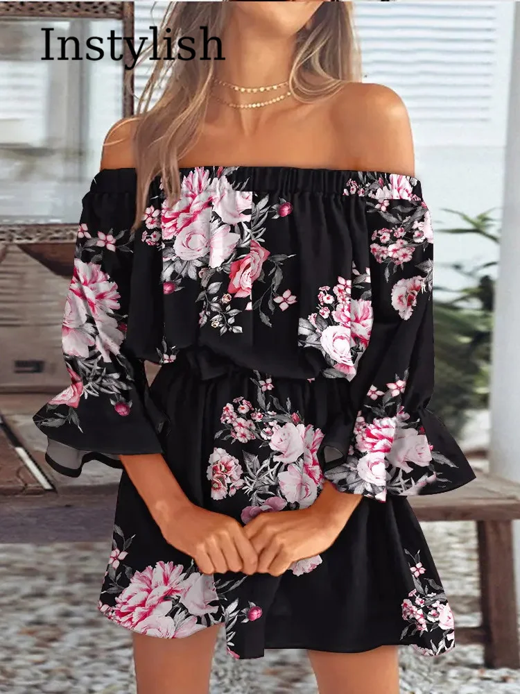 Damen Sexy Mode Chiffon Off-Shoulder Bootsausschnitt Bedrucktes Minikleid mit Glockenärmeln A-Linie Lässiges Kurzkleid für den Sommer