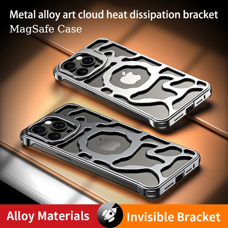 

Metal Aluminum alloy Case For iPhone 16 15 14 13 Pro Max Magnetic MagSafe Holder Cloud cooling framework Protective cover