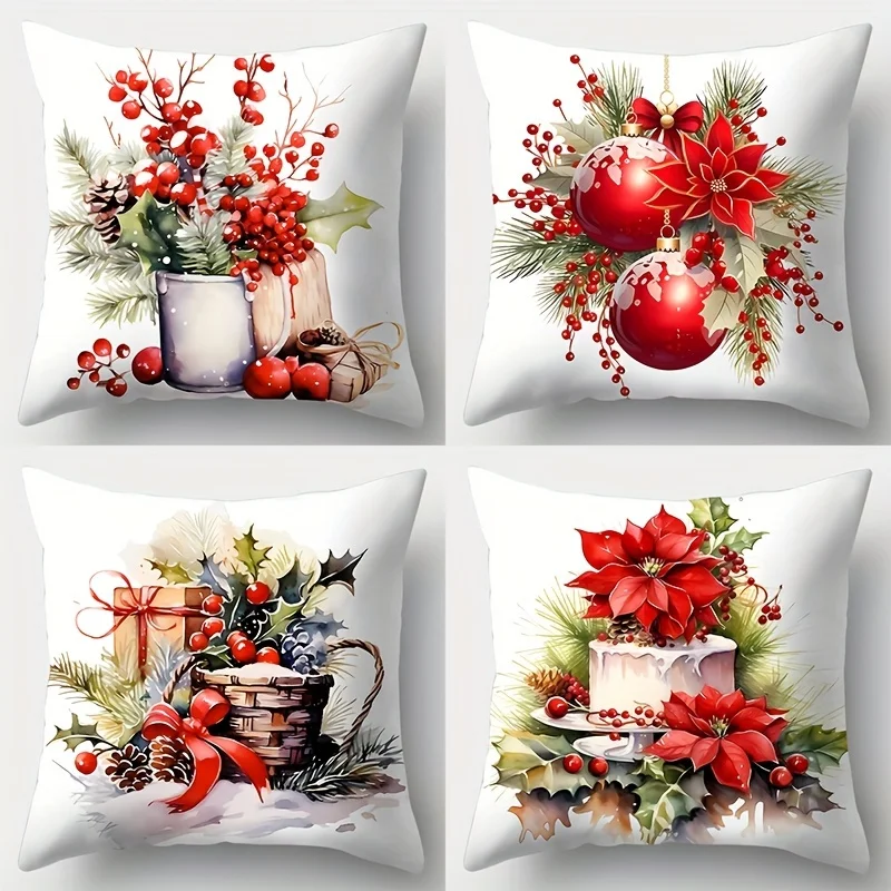 Christmas Decorative Throw Pillow Covers,Zippered Cushion Cases with Festive Red Berry, for Sofa, Living Room, and Bedroom Decor
