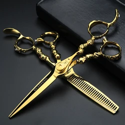 Skull handle barber's scissors 6 inch Japanese 440C steel cutting and thinning scissors Gold and silver hair scissors