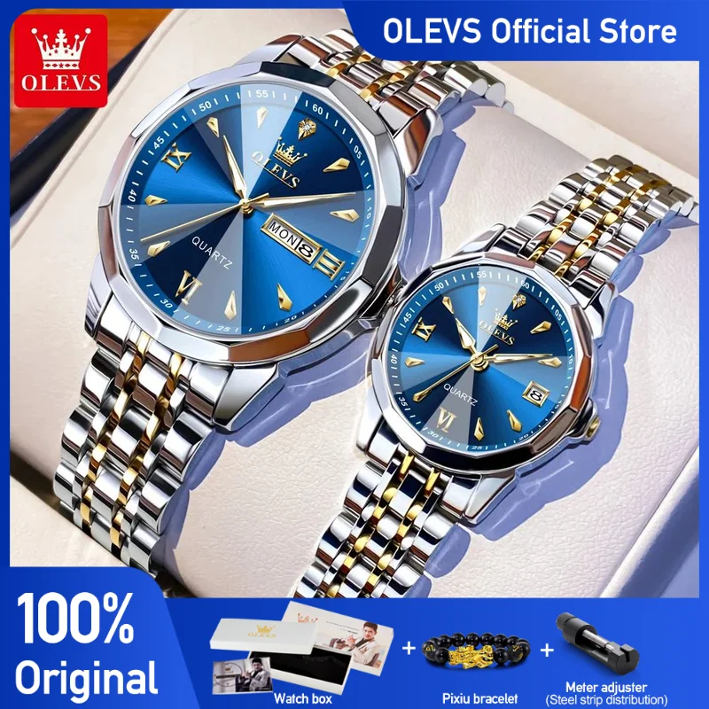 

OLEVS 9998 часы для пар, оригинальные модные кварцевые часы с ромбическим стеклом, водонепроницаемые светящиеся часы с датой и днем для влюбленных, набор Reloj
