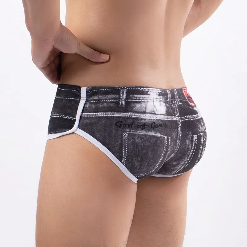 Men Imitation denim  Briefs Underwear High Elastic Print Black Underpants Jockstrap Calzoncillos Sissy Panties for Men Brief