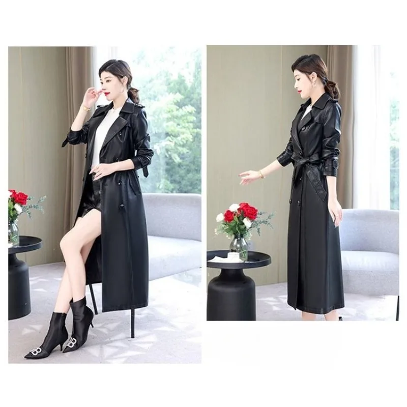 Nuevo gabardina de cuero con cuello de piel de zorro auténtica para mujer, abrigo largo por encima de la rodilla de piel de oveja para mujer, chaqueta de viaje con temperamento