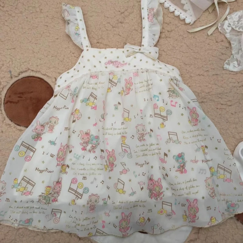 2025 Summer New Women's Chiffon Sling Cute Sweet Childlike Lace Skirt Polka Dot Splicing Bow Cartoon Printed Skirts Suit Ladies