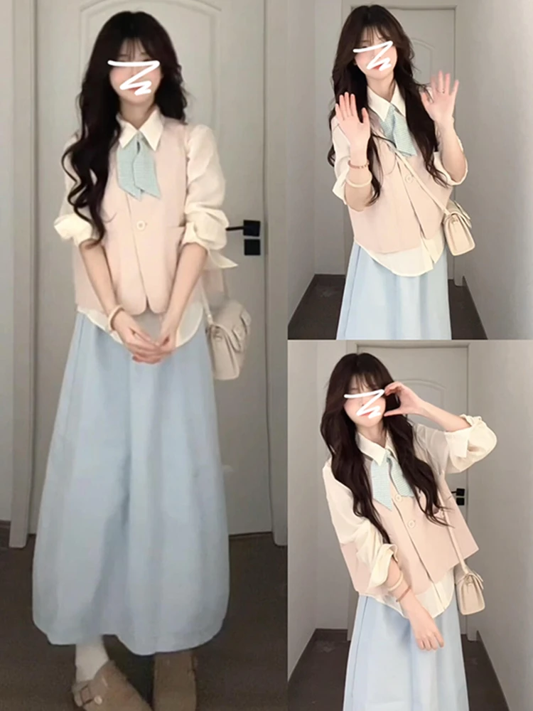 Sweet College Sle – ensemble dr pour femmes, t-shirt, Suite, jupe trapèze, col Long, mi-long, mélange de coton et Polyester