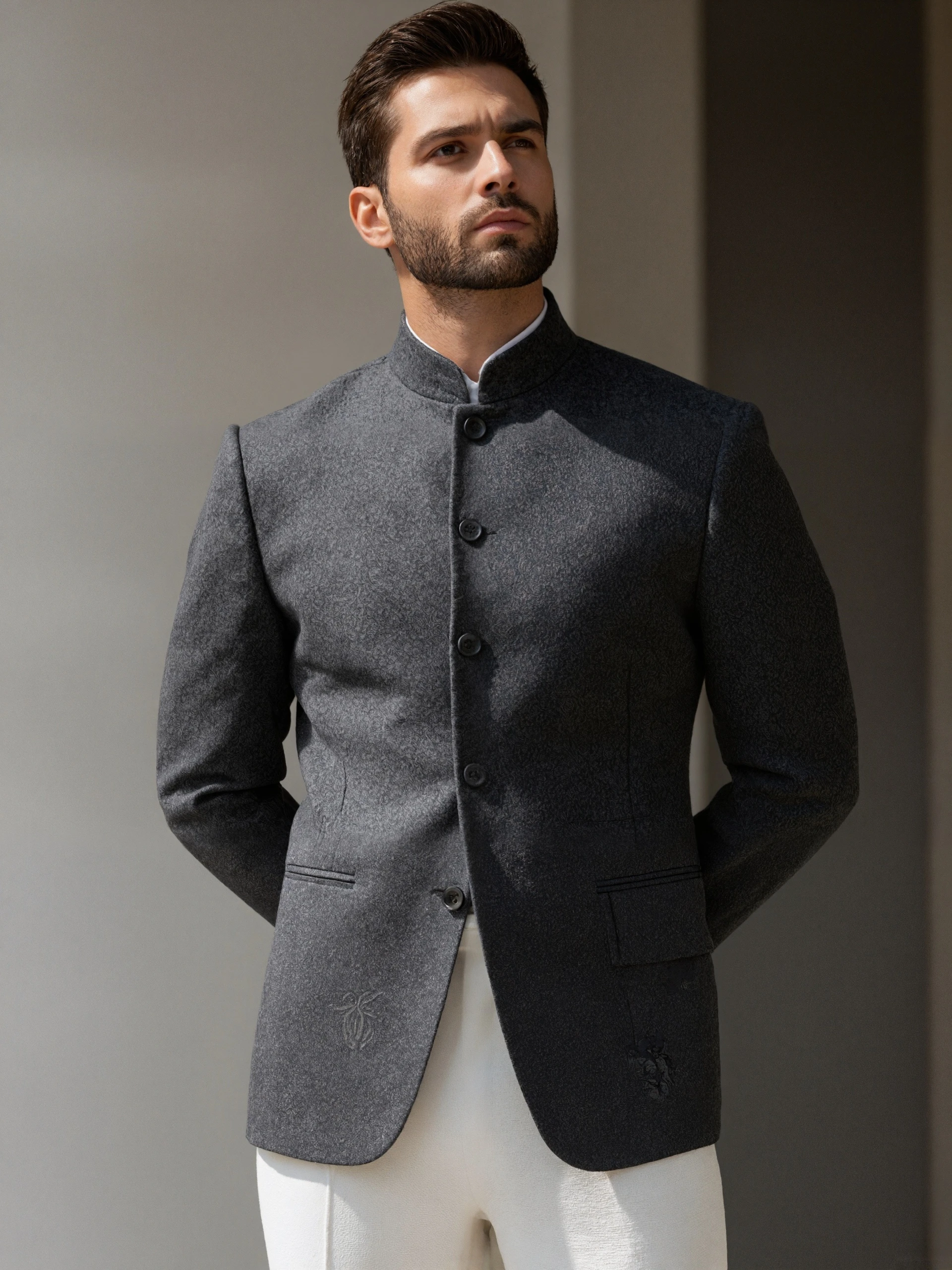 Mens Dark Grey Slim Fit Blazer Stand Collar Premium Jacquard Casual Formal Coat