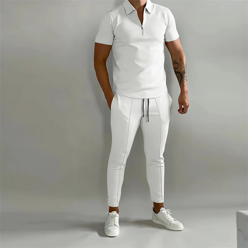 2023 Summer Sports Two-piece Sets Men\'s Short Sleeve Zipper Lapel POLO Shirt Slim Fit Long Pants Daily Casual Commuter Male Suit