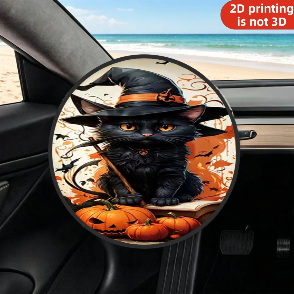 1pc Sunshade Steering Wheel Cover, 2D Flat Printing Halloween Black Cat Wearing Witch Hat With Pumpkins And Book, Sunshade