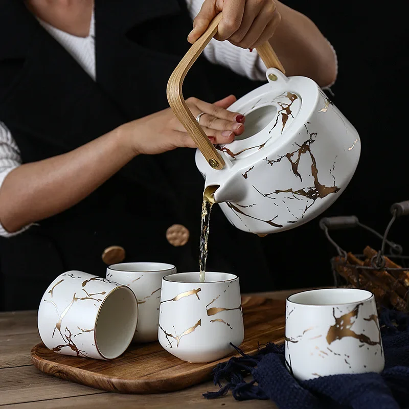 Service à thé marbré pour la maison, tasse à thé de l'après-midi japonaise en céramique noir et blanc avec théière à Base en bois d'acacia