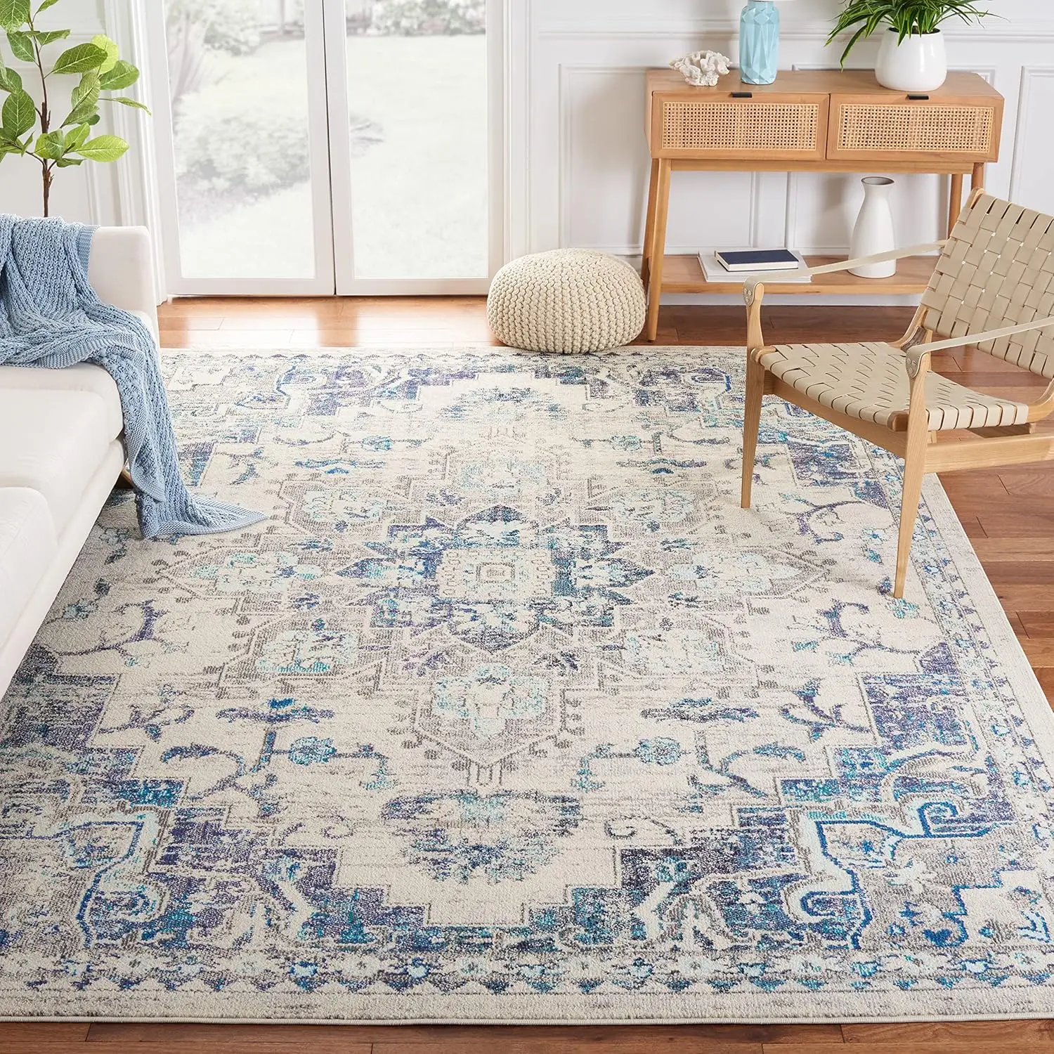 

9x12 Area Rug - Boho Chic Distressed Medallion Design, Ivory & Grey, Non-Shedding, Easy Clean for Living Room Bedroom