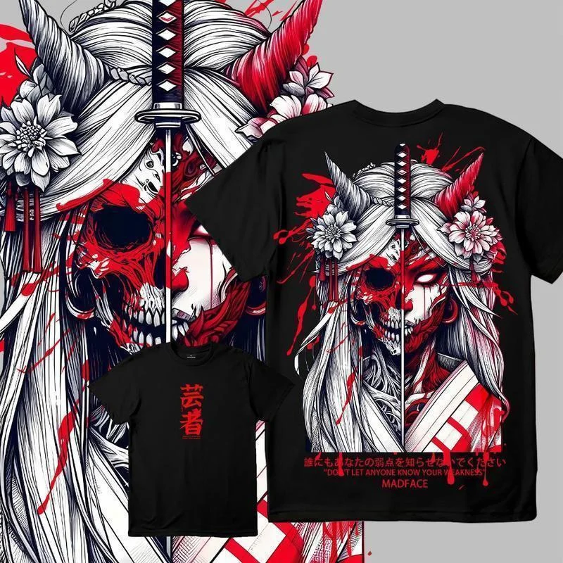 Edgy Japanese Oni Geisha Tattoo Tee with Samurai Sword and Red Floral Print 100% Cotton Men's T-shirt Summer Casual Wear