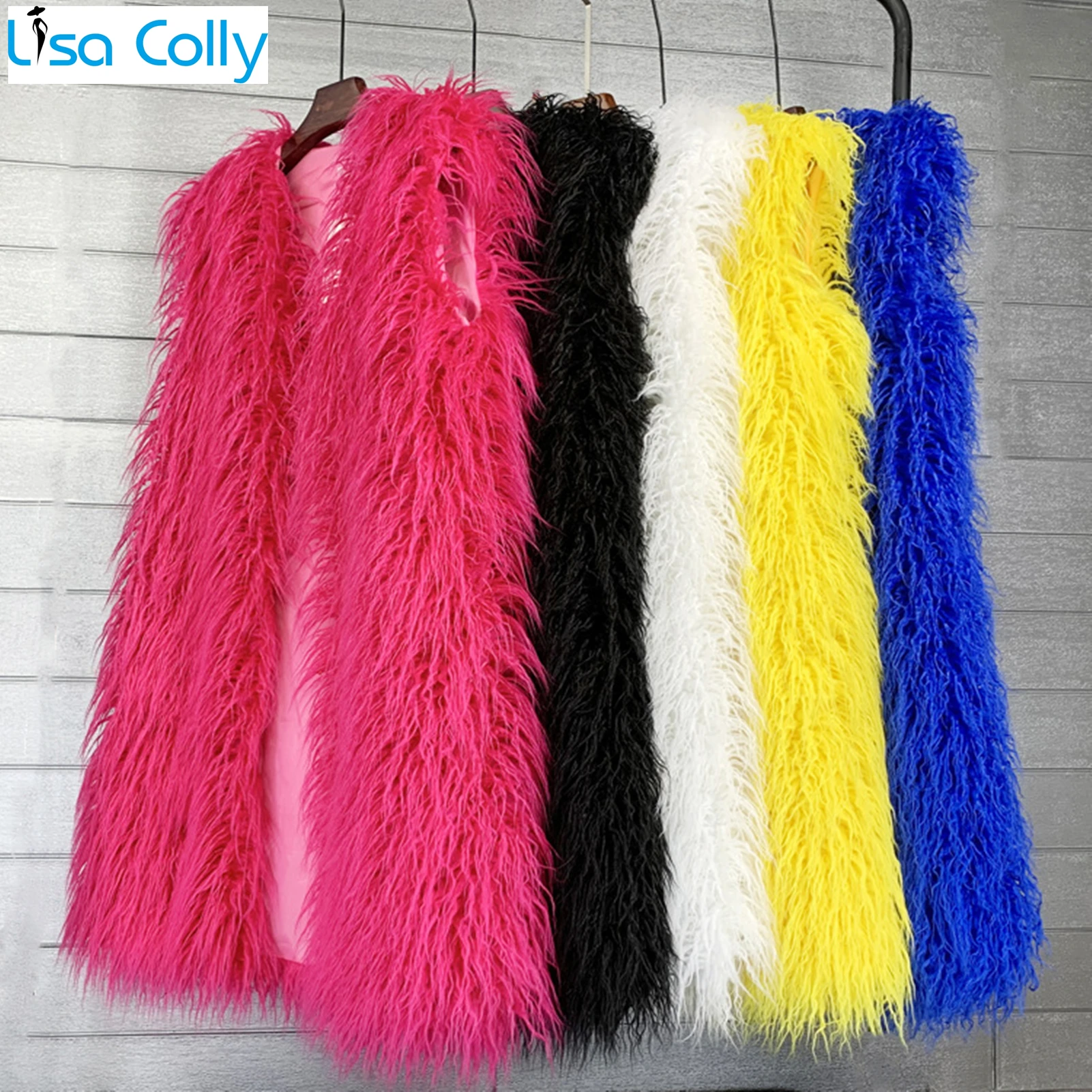 Women Autumn Winter Sleeveless Long Fluffy Faux Fur Vest Candy Color Faux Sheep Fur Coat Jacket