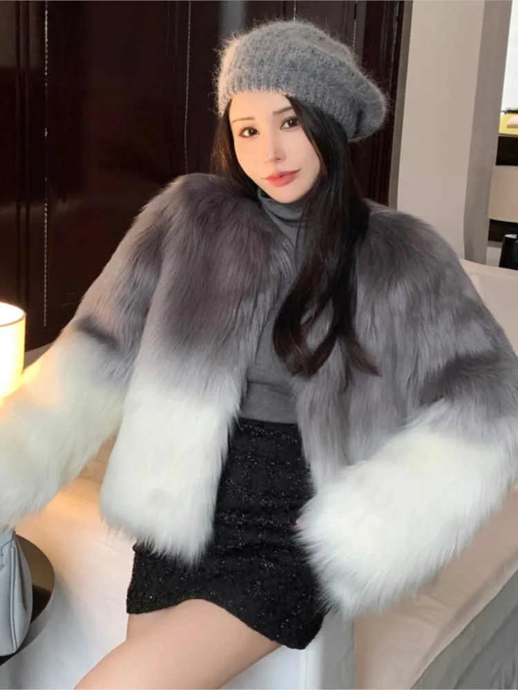 

Luxury Elegant Gradient Fox Fur Women's Jacket Winter Fluffy Warm Loose Short Coats 2025 Korean Style Fashion Casual Mejur Coat