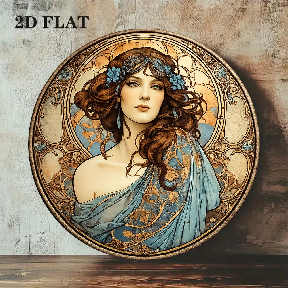 2D Flat, 1pc 1pcs Alfons Mucha Female Portrait Wall - Vintage Nouveau Plaque Sign Suitable for, Cafe, Studio Decor - Round Frame