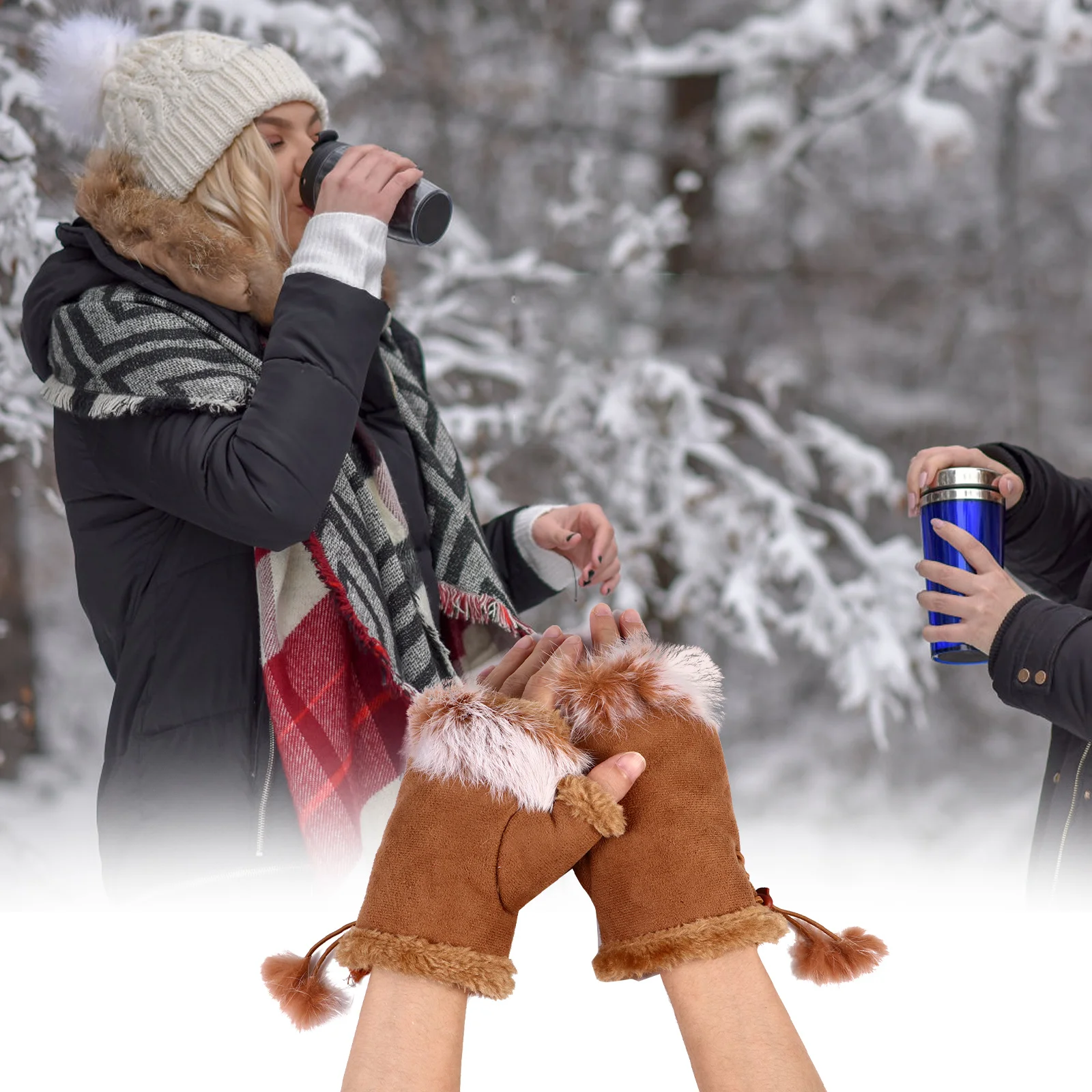 1Pair Warm Rabbit Hair Half Finger Gloves Adjustable Wrist Outdoor Sports Winter Warm Gloves for Touchscreen Use Cold