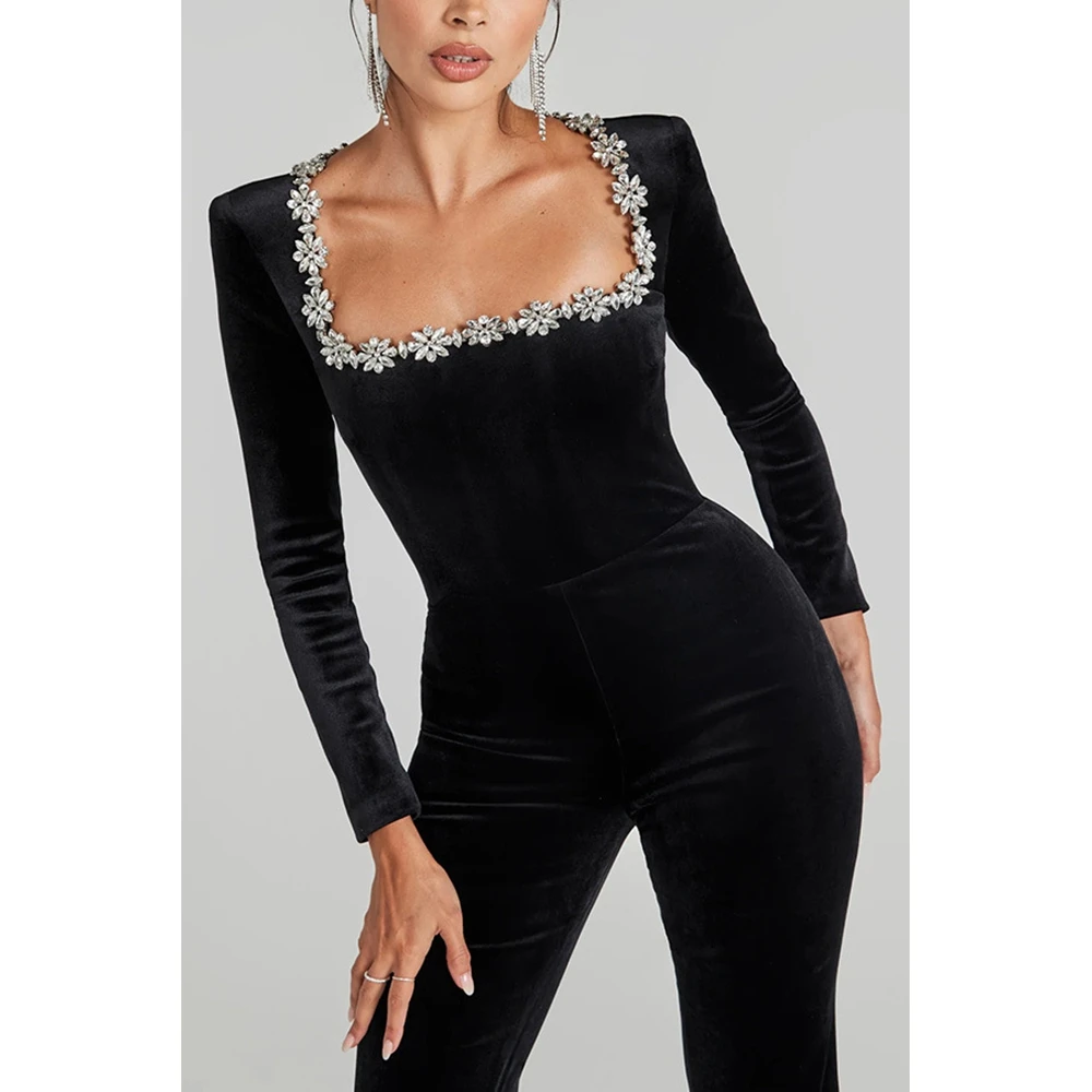 Slim Fit Black Velvet Jumpsuit Women Long Sleeve Rhinestone Square Neck Flared Leg Party Romper Cocktail Elegant Evening Wear