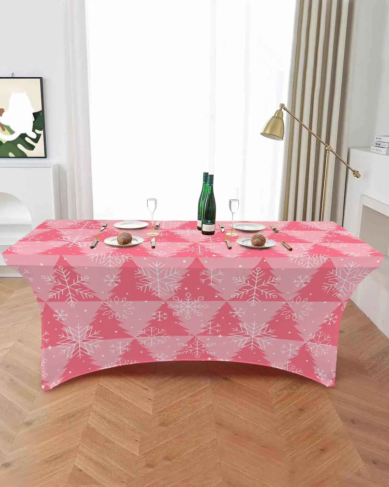 Christmas Pink Christmas Tree Texture Snowflakes High Stretch Tablecloth Wedding Party Decor Table Cover Outdoor Table Cloth