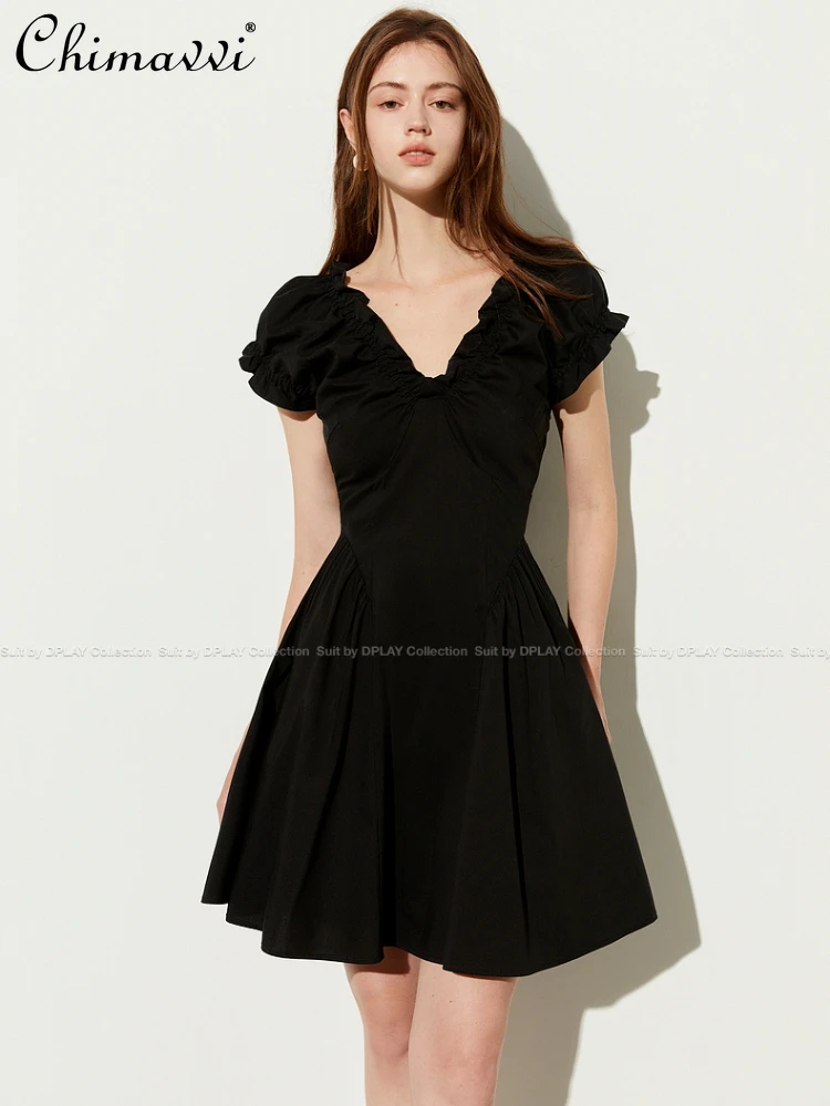 

2024 Summer French Style Temperament Elegant Black V-neck Ruffles Puff Sleeve High Waist Slim Fit Pleated Short Dress Women