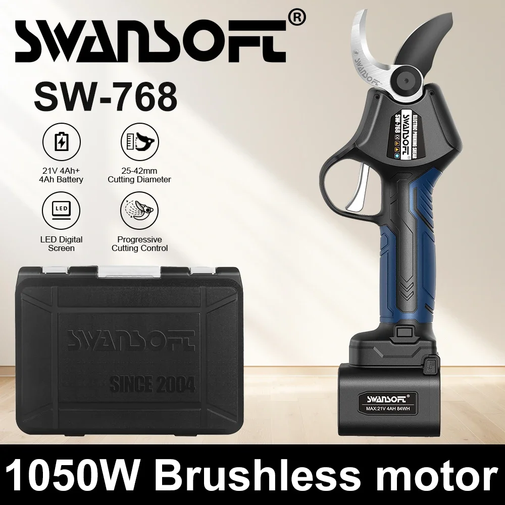 SWANSOFT SW-768, 42 mm elektrische Gartenschere, progressives Schneiden, doppeltwirkende Klingen, mit Kabel und Ersatzklingen, für Weinberge und Obstgärten