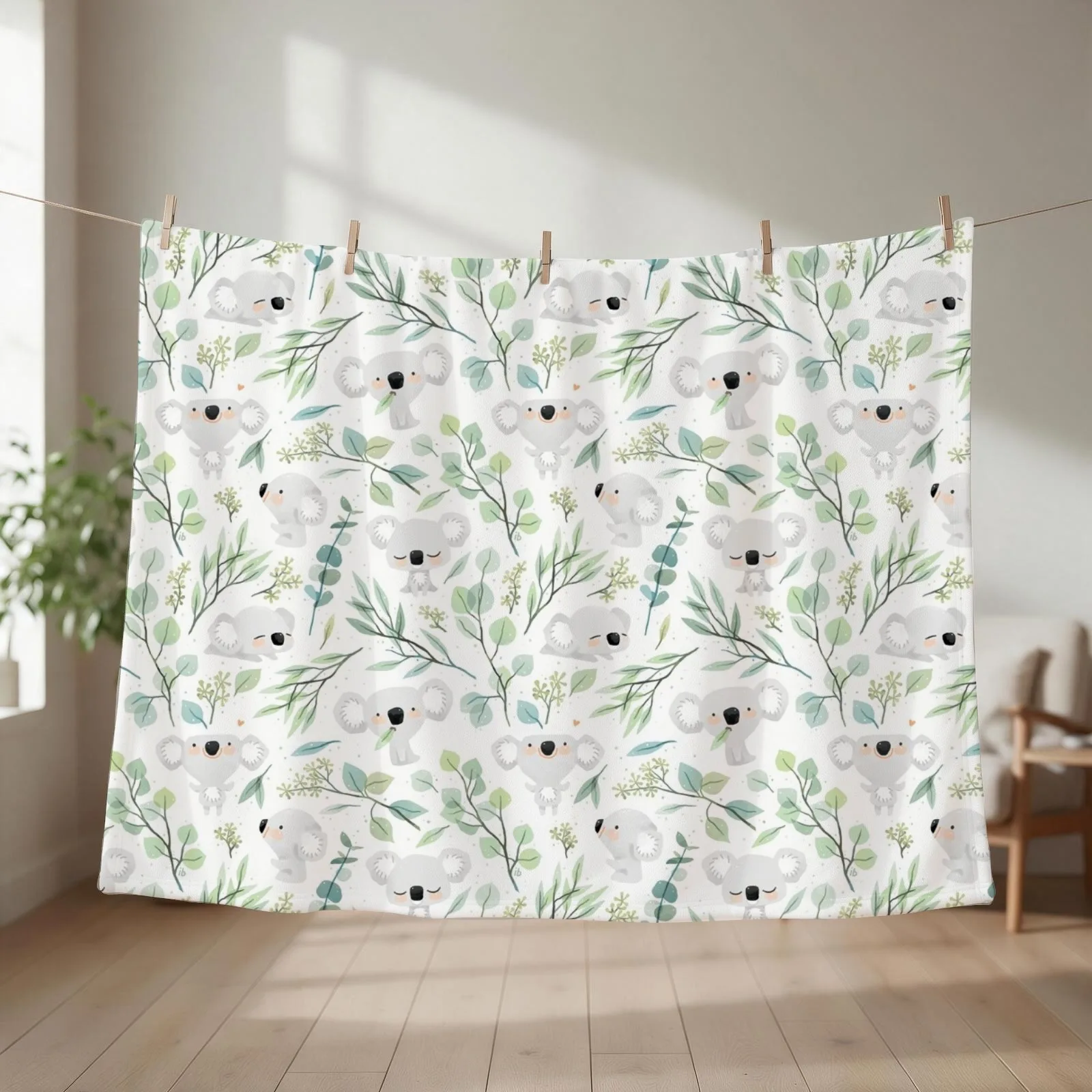 Koala and Eucalyptus Pattern Throw Blanket couch cozy soft plush fuzzy picnic outdoor blanket