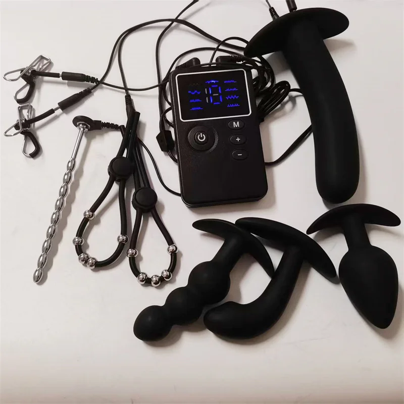 Metal Urethral Sounding Dilator Silicone Anal Butt Plug Penis Cock Rings Nipples Clips 8 Modes Electric Shock Sex Toys for Men
