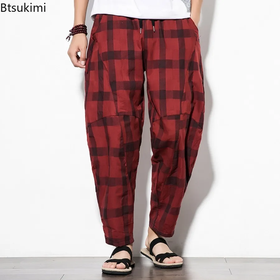 2025 Autumn New Men's Cotton Plaid Pants Casual Retro Fashion Trousers Plus Size Loose Wide Leg Trousers Man Joggers Streetwear