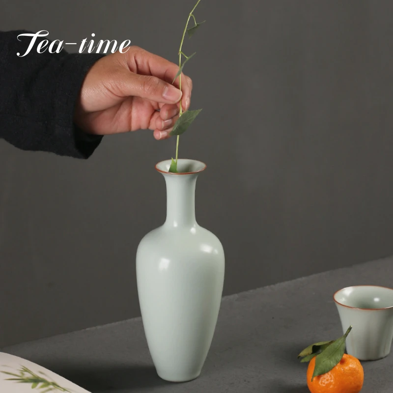 Azure Ru Kiln Small Ceramic Flower Vase Handmade Porcelain Flower Basket Teahome Tea Ceremony Hydroponics Container Accessories