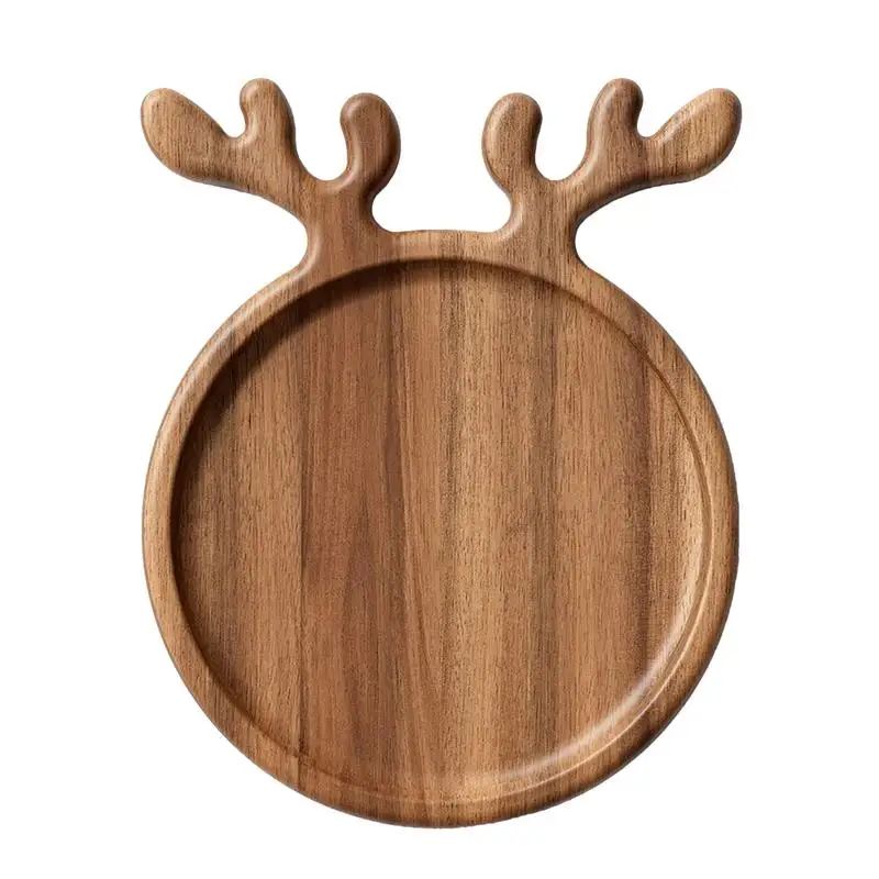 Christmas Wood Serving Platters Wooden Food Dish Wood Plates Christmas Tray with Antler Handles Decorative Plate Organizer