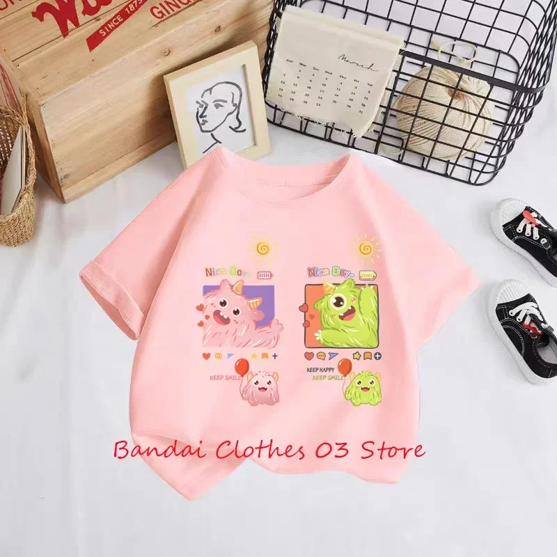 

Одежда для девочек, уличная детская футболка с коротким рукавом, летняя новинка, детский топ в виде маленького монстра, разноцветные футболки для девочек с стежками