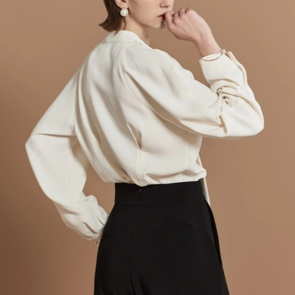 TWOTWINSTYLE المشمش تقسم الدانتيل يصل قميص الإناث الخامس الرقبة طويلة الأكمام فضفاضة الحد الأدنى مكتب المرأة قمصان الخريف موضة جديدة #4