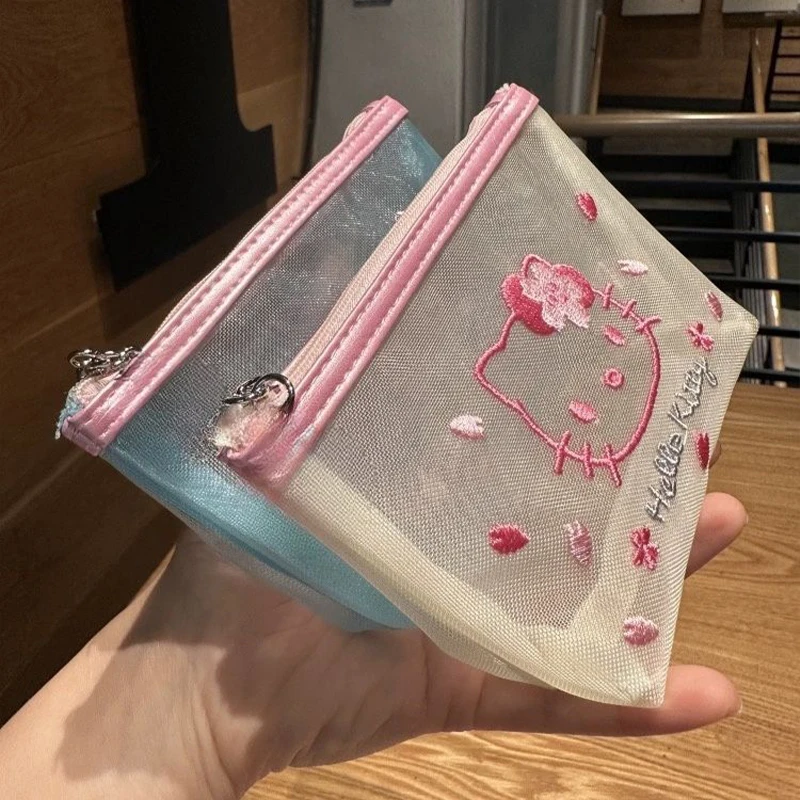 Sanrio Cherry Blossom Series Mesh Storage Bag Cartoon Hello Kitty Embroidered Cosmetic Coin Card Handbag Transparent Wash Bag