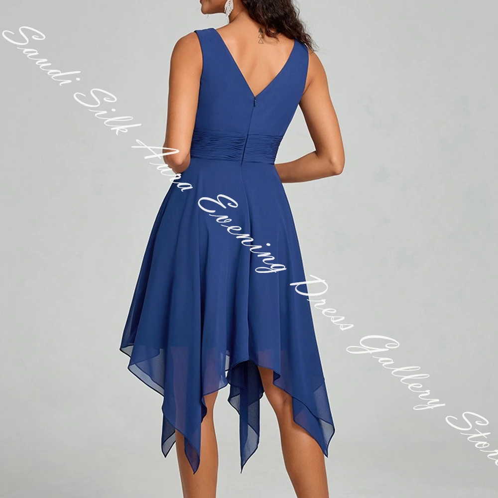 فستان سهرة شيفون فاخر مخصص على شكل حرف a بأكمام قصيرة ورقبة على شكل حرف v بطول الركبة بدون أكمام وسحاب خلفي بلون سادة Fساتين سهره نسائي #4