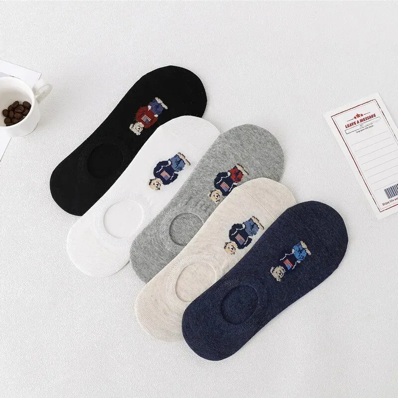 5 Pairs of Super Cute Bear Embroidered Cartoon Bear Boat Socks, Soft and Comfortable, Sweat Wicking and Versatile Short Socks