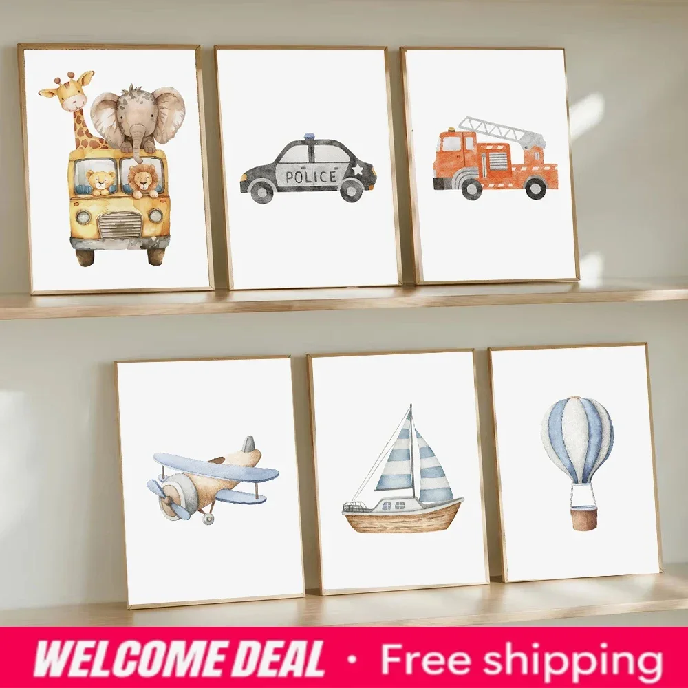 Watercolor Vehicle Transportation Art Car Plane Train Boat Hot Air Balloon Poster Canvas Painting Print Boy Nursery Home Deco