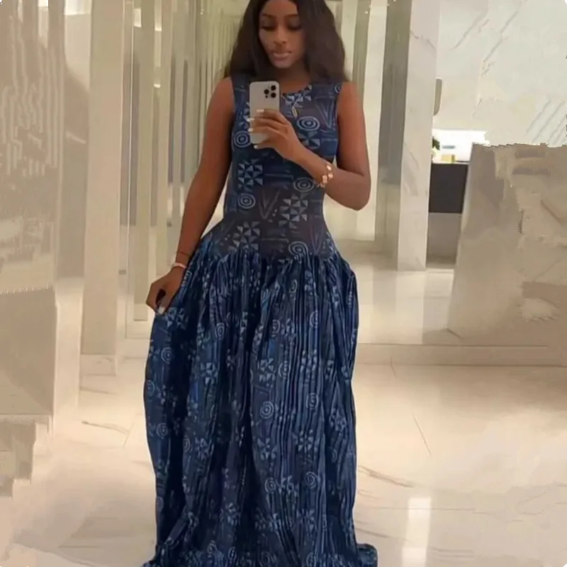 Neues Afrikanisches Modekleid für Damen Bedrucktes Mesh-Patchwork Ärmelloses Schlankes Hochgeschnittenes Plissiertes Maxikleid Elegantes Sommerkleid