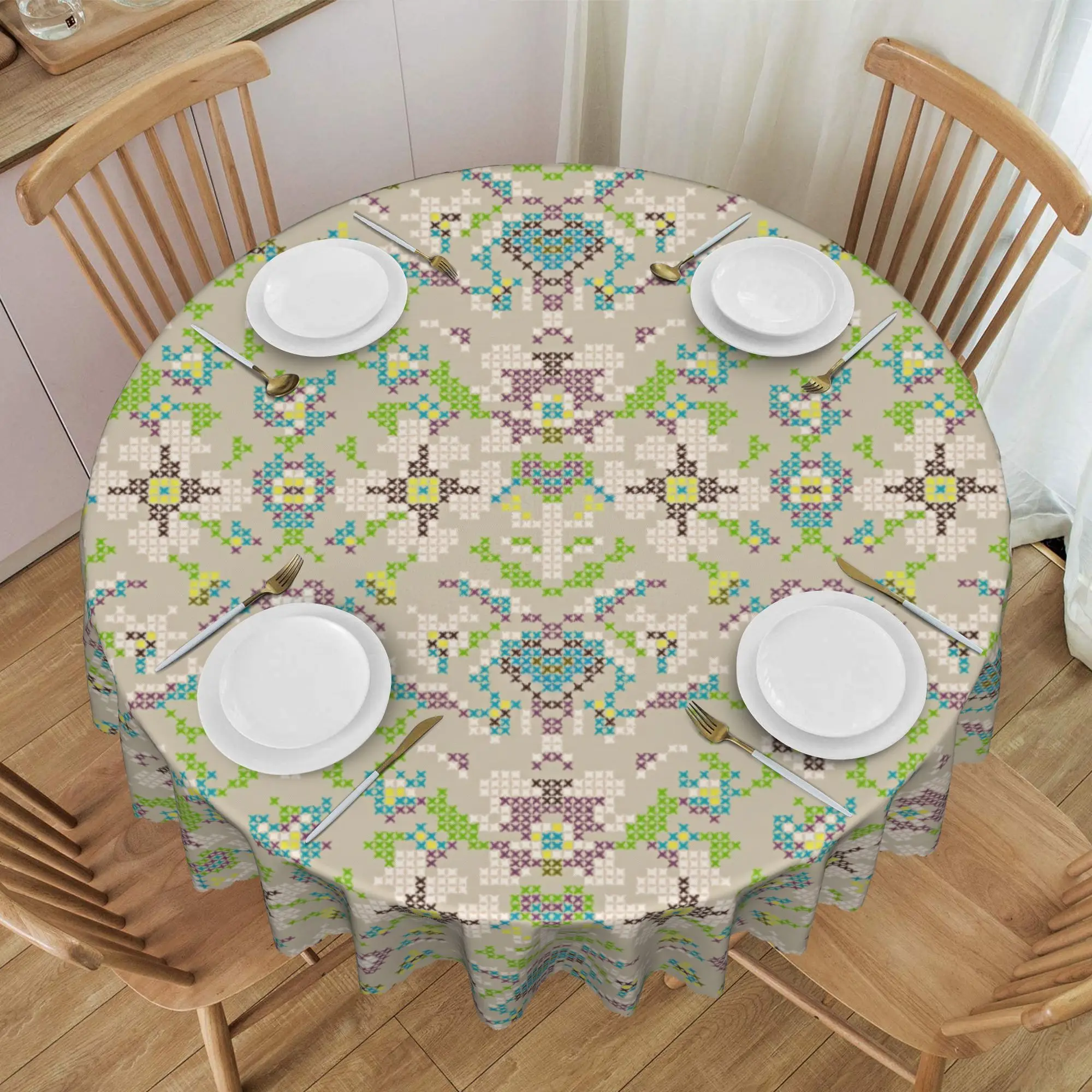 Nappe ronde anti-taches de style nordique ukrainien brodé, motif floral vintage, pour pique-nique, 70 pouces