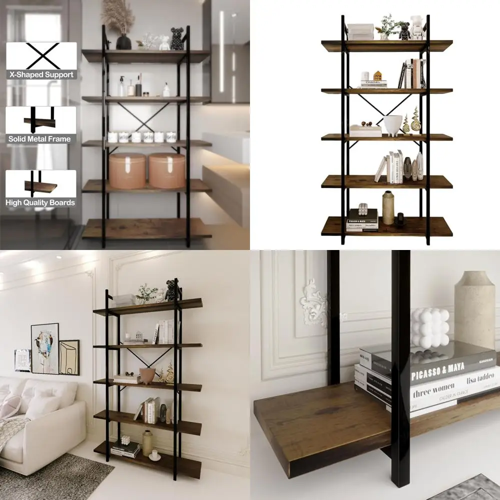 

5-уровневая книжная полка в индустриальном стиле: деревенский коричневый металлический блок для хранения для домашнего офиса и учебы