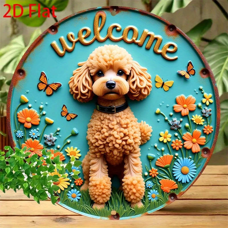 8in Round Disc Plate – Colorful Flowers Butterflies Poodle Design, Flat 2D Garage Doghouse Detail, Warm Home Decor