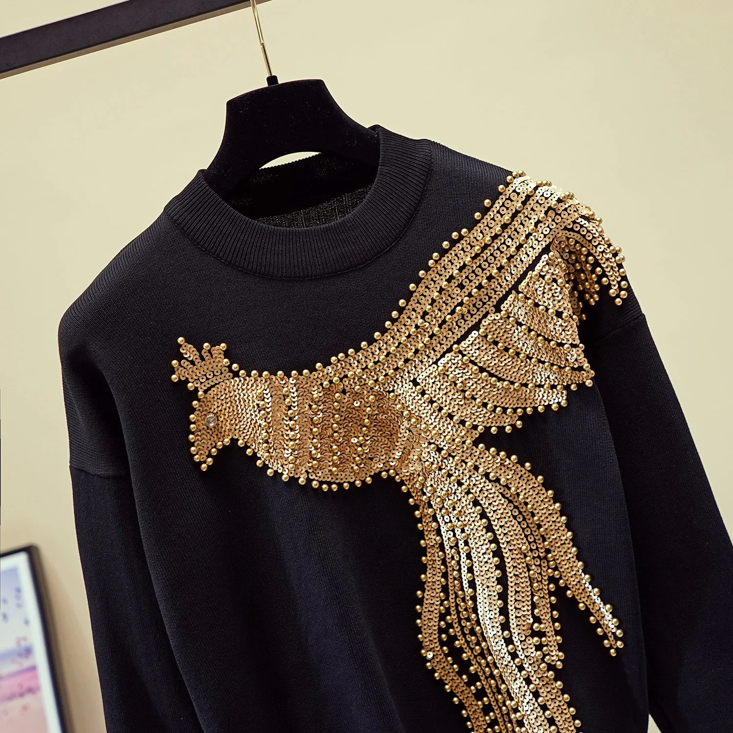 

Fashion Beaded Sequins Phoenix Women's Knitted Tracksuit Outfits Loose Long Sleeve Knit Tops Pencil Pants Female Casual 2pc Sets