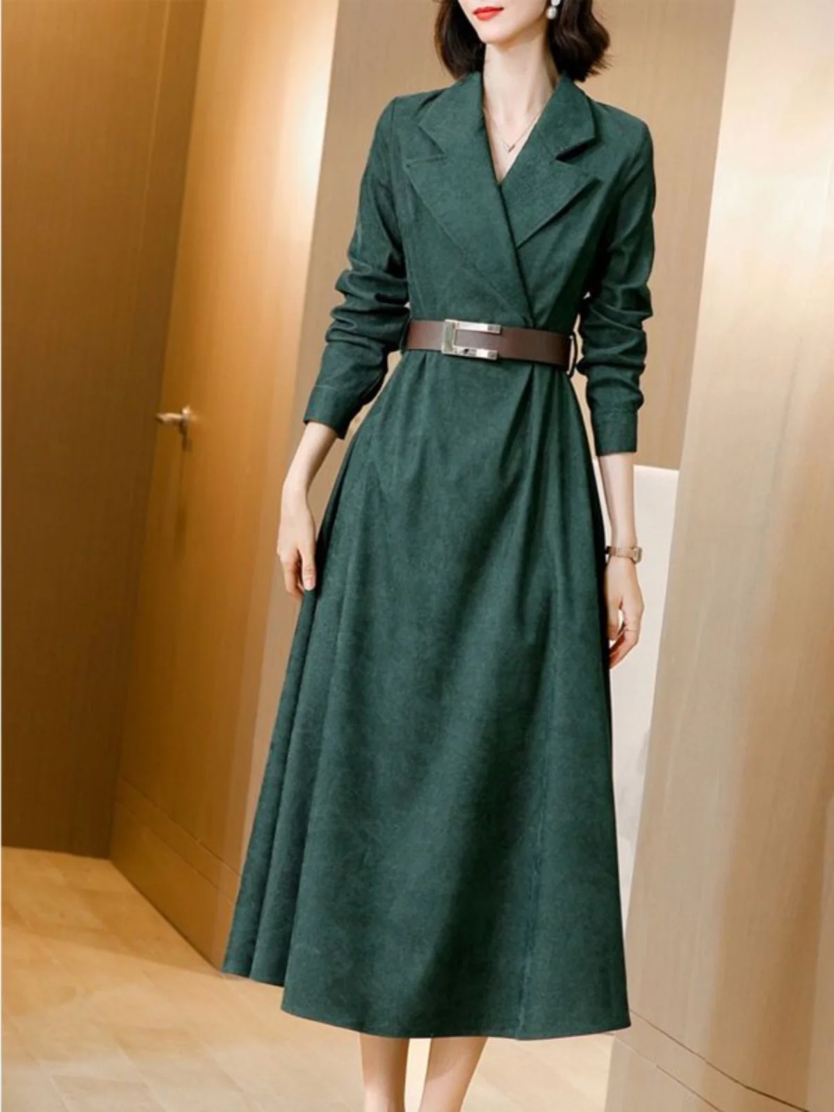 Corduroy Dr Suit Collar Spring Autumn Women's Waist Cinching Early Spring Long Dr Spring Faion Autumn Winter