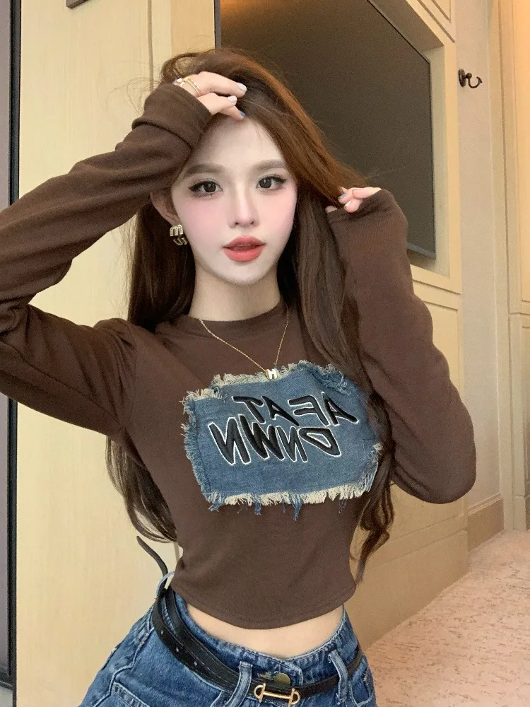 

Denim Letter Design Base Shirt Long Sleeve Women's Style Short Fit T-Shirt Korean Commute round Neck Pear Shape Body Type