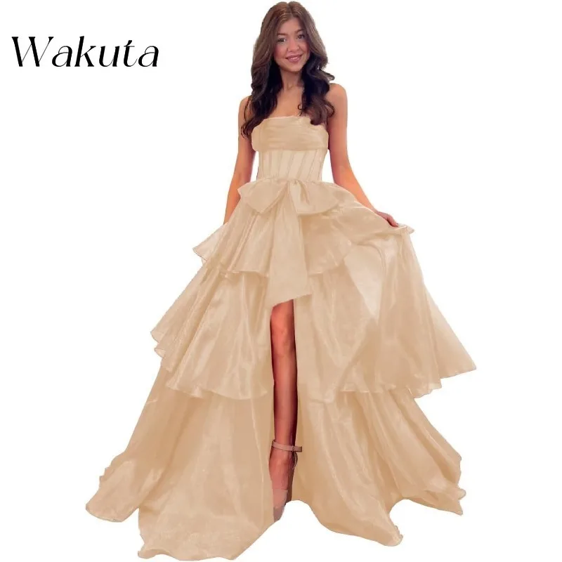 Wakuta Women's Tulle Ruffles Prom Robe Long Sparkly Tiered Ball Gown A Line Strapless Formal Evening Vestidos De Fiesta with Bow